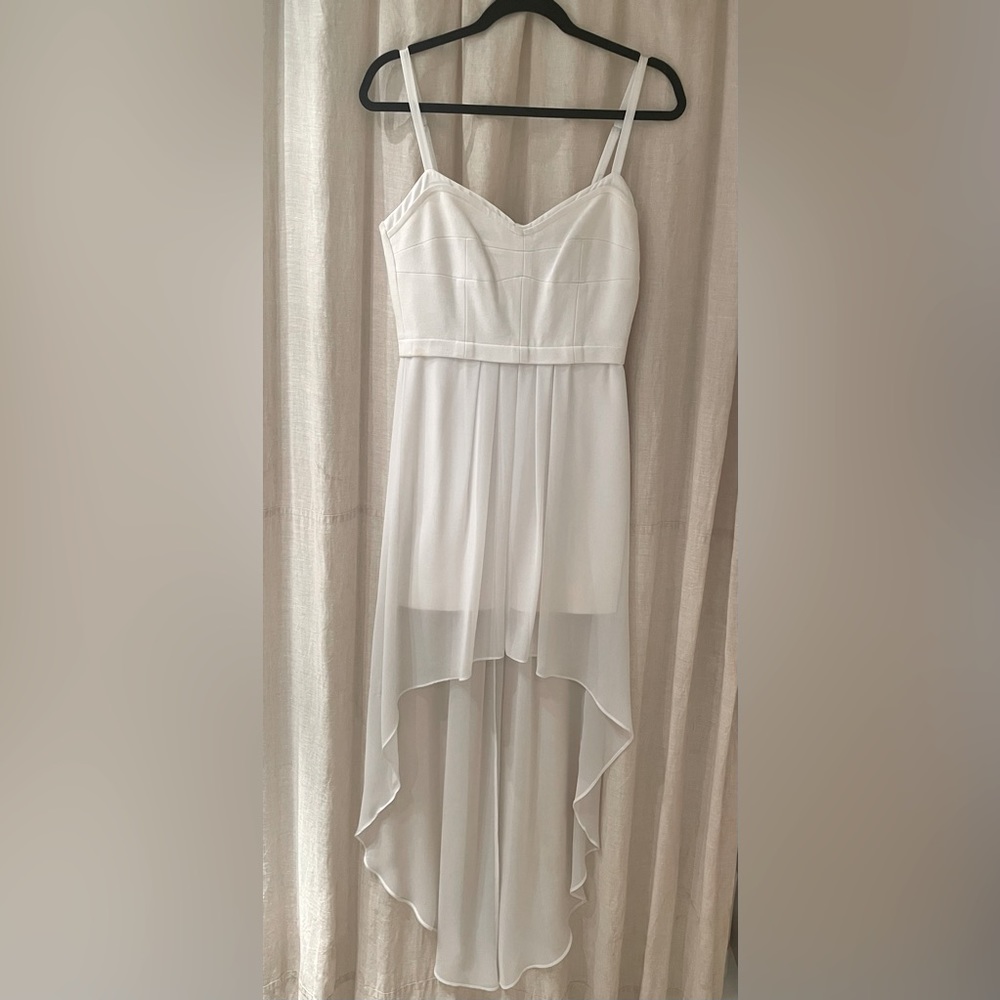 BCBG white stretch dress with high low chiffon skirt